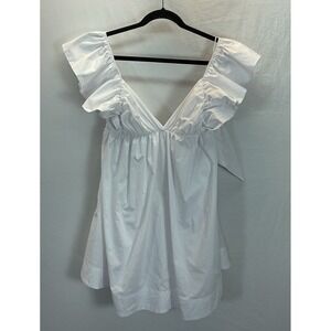 day & moon White Ruffle Poplin‎ Mini Dress Cottagecore Milkmaid Size LG Tie Back